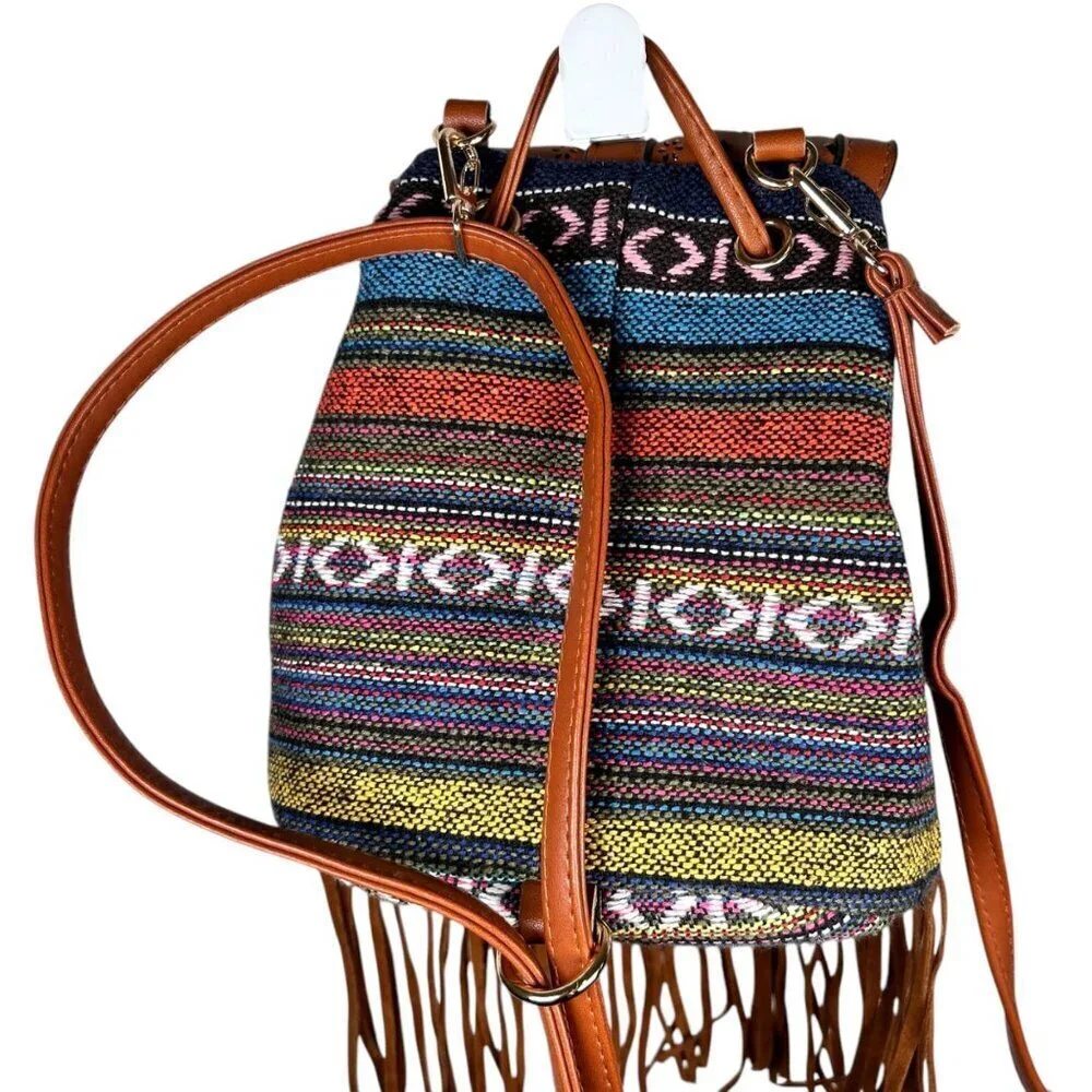 Boho Western Aztec Bucket Bag Fringe Backpack Crossbody Cinched Brown - Picture 5 of 8